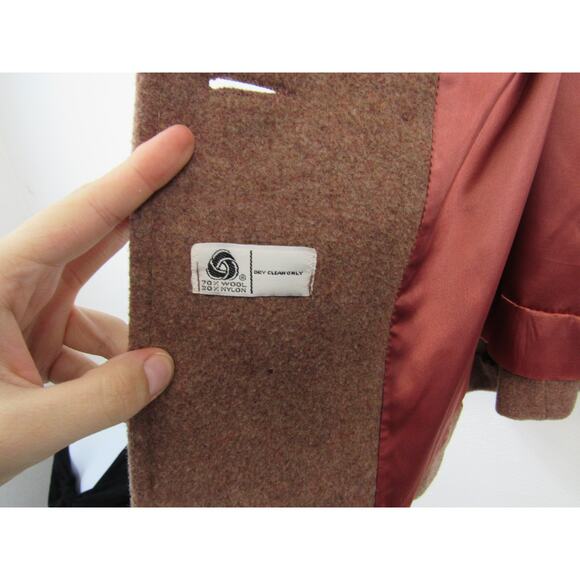 Vintage Union Made Wool Pea Coat Brown Knee Length Plaid Scarf 80's VTG - Picture 9 of 12